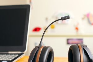 Headset neben einem Laptop